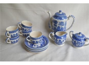 (#77) Demitasse Set Blueware Japan (5 Cups And Saucers, Teapot, Creamer And Sugar) One Cup Slight Crack