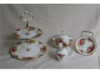 (#76) Royal Albert Petite Set (4) Small Vase, Covered Bowl, Trinket Dish, 2 Tier Candy Dish