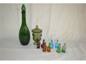 (#38) Assortment Of Glass Decor Bottles, Decanter And Covered Candy Bowl