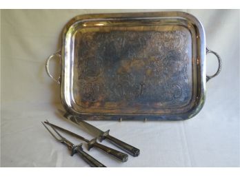 (#97) Silver-plate Carving Set, Silver-plate Serving Platter18x13.5