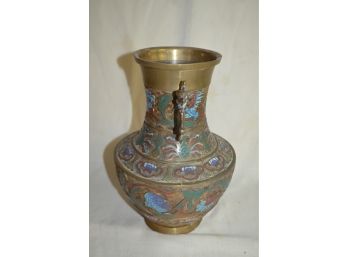 (#63) Asian Enamel Brass Cloisonne Vase Champleve  12'Hx8.5'W