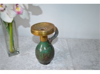 (#14) Morocco Brass Top Clay Base (slight Chip) Candle Holder 7'H