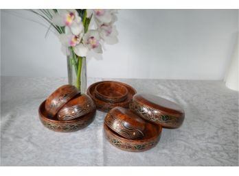 (#3) Moroccan Burled Wooden Inlay Metal Wire (some Parts Loose) Salad Bowls