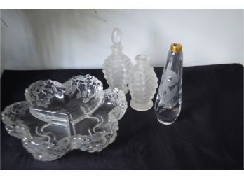 (#99) Glass Relish Dish, Perfume Bottle (1 Stopper Missing), Bud Vase