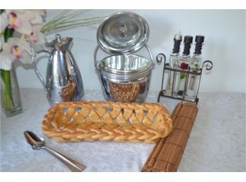 (#96) Thermo Coffee, Ice Bucket, Oil Filled Bottle In Holder, Bread Basket