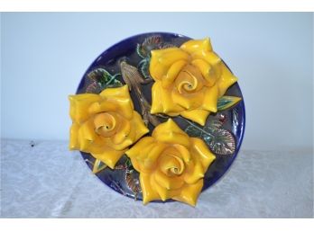 (#87) Ceramic Raised Flower Wall Hanging Plate - Slight Chip 12'R