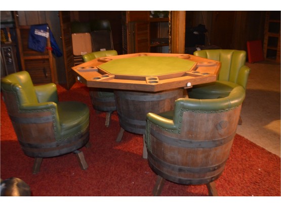 Vintage 60's Oak Whiskey Barrel Flip Top Poker Table With 4 Barrel Swivel Chairs - Excellent