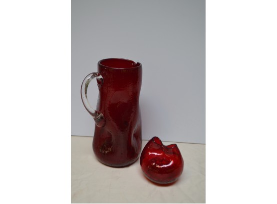 (#41B) Red Glass Pitcher 9.5'H , Bud Vase
