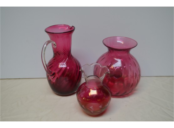 (#43B) Red Glass Vases, Pitcher