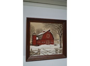 (#91) KayDee Hand Print Winter Barn Art  Pure Linen Framed Picture 16.5x16