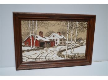 (#90) KayDee Hand Print Winter House Art 100 Pure Linen Framed Picture 18x12
