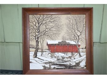 (#104) KayDee Hand Print Winter Covered Bridge Art Pure Linen Framed Picture 16.5x16