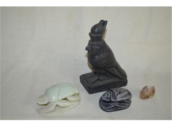 (#62) Egyptian Hand Craved Stone (2) Scardo Beetles Paperweight, Ebony Bird Sculpture (hairline Crack)