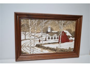 (#89) KayDee Hand Print Winter Art Pure Linen Framed Picture 18x12