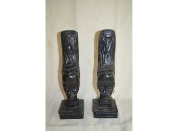 (#55) Pair Of  Signed J. Lanture Carved Ebony Wood African Tribe Head Sculpture