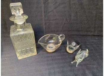 (#8) Glass Scotch Decanter, Bird And Rabbit Figurine, Creamer