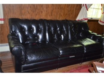 Cool! Vintage McKinley Black Leather Sofa Button Tufted With Wheels