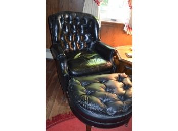 COOL! Vintage North Hickey Black Leather Chair And Ottoman Button Tufted (slight Cracking)