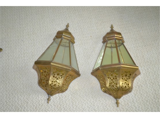 (#47) Moroccan Brass Wall Sconces Inside Mirror (one Has Crack Glass) (2)
