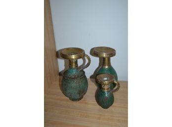 (#49) Moroccan Ceramic Base Brass Candle Holder (3) Staggered Sizes 6.5' 9.5' 10'