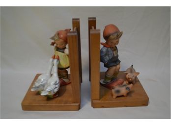 (#27)  Vintage 6'H Goebel Hummel Bookends 'goose Girl' And 'Farm Boy' Figurine #60A And B
