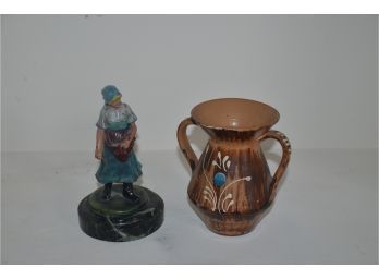 (#69) Pottery Vase And Metal Statue On Marble Base