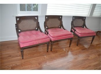 (#34) Vintage Antique Cane Back Accent Side Chairs (3) With Attached Upholstered Seat