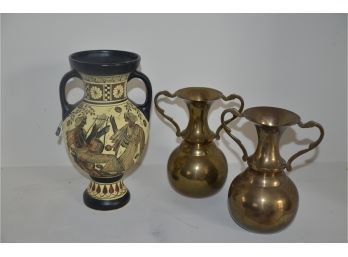 (#66) Cyprus Vase And 2 Brass Vases