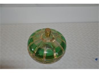 (#85) Covered Compote Green Glass And Gold Trim