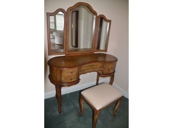 (#42) Hand-painted Kidney Shape Vanity And Mirror With Stool  (few Chips)