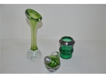 (#89) Green Decor (bud Vase, Salt Shaker,  Farber Bros. Toothpick Holder)