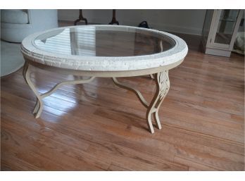 (#37) Faux Cement Round Inlay Glass Top Coffee Table