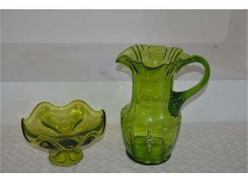 (#86) Green Glass Pitcher And Mini Pedestal Bowl
