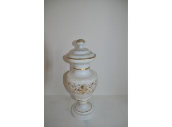 (#84) White Glass Gold Leaf (slight Wear) Urn With Top
