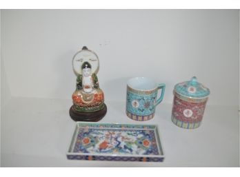 (#107) Asian Mugs (2), Serving Tray, And Hand-painted Asian Women