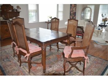 (#30) Country French Oak Parquetry Refectory Extension Table And 6 Caned (loose) Wood Frame Chairs
