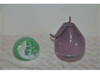 (#124) Glass Covered Purple Pear And Green Murano Paper Weight