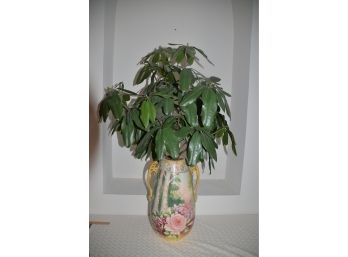 (#111) Antique Tall Vase 15'H With Artificial Rubber Plant (some Re-glued )