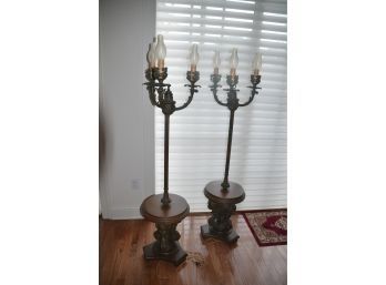 (#41) Vintage Antique Floor Standing Candelabra Lamp (2) Cherub Head Base Wood / Metal