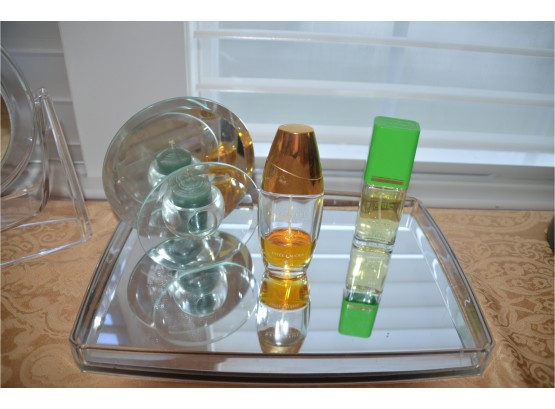 (#206) Lucite Jewelry Tray , Perfume Bottle, Mirror