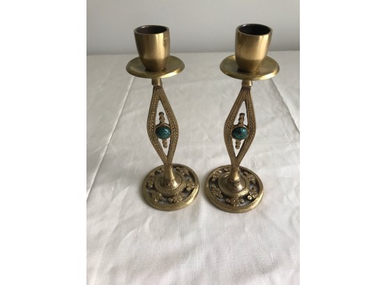 (2)  Pair Of Jewish Brass Jade Stone Insert Candlesticks Made In Israel
