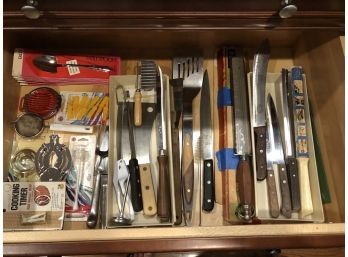 (#230) Assortment Of Cooking Tools, Knives, Serving Spoons, Corn Holders, Jar Opener, Grater & More