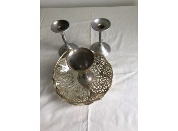 (7) Silver Plate Candlestick, Chalice And Tray With Handle (3)