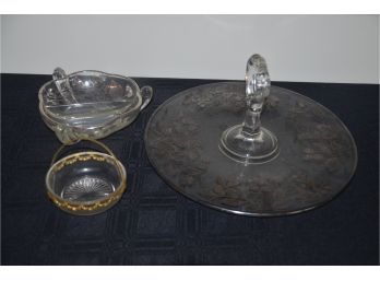 (#126) Vintage Top Handle Cake Plate With Silver Overlay, Candy Dish, Trinket Bowl With Brass Overlay