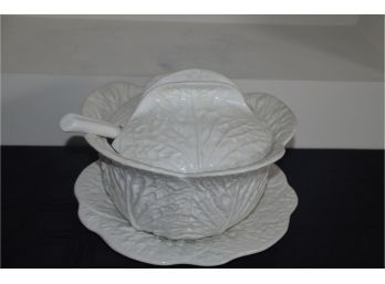 (#110) Ceramic Cabbage Pattern Soup Tureen (ladle Slight Chip)
