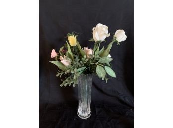 (#138) Glass Vase With 7 Porcelain Flowers, 2 Plastic Flowers