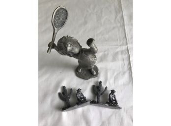 (8) Pewter Tennis 5' Figurine And Cowboy / Desert 1' Figurines