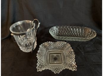 (#142) Glass Oval Relish Bowl, Square Dish, Small Ice Bucket With Tongs