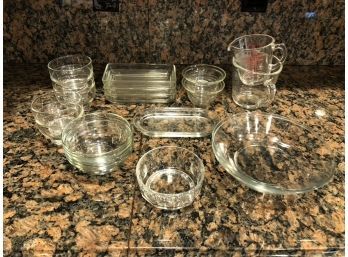 (#217)  Assortment Of Clear Glass Serving Items: Plates, Small Bowls, Custard Cup & Measuring Cups