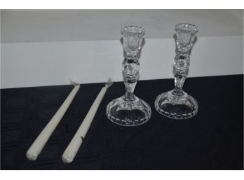 (#113) Pair Of Glass Candlesticks With Candles 8'